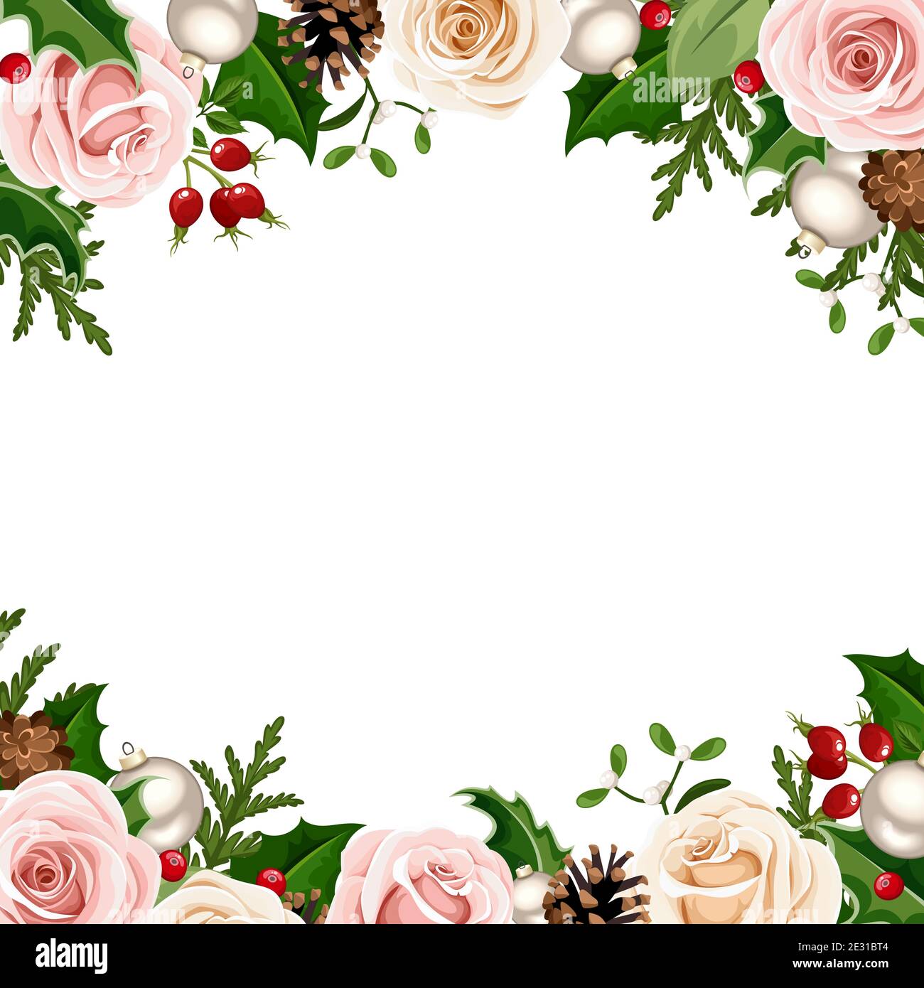 Marco de fondo vectorial de Navidad con rosas rosadas, blancas y verdes, bolas, acebo, conos y ramas de abeto. Ilustración del Vector