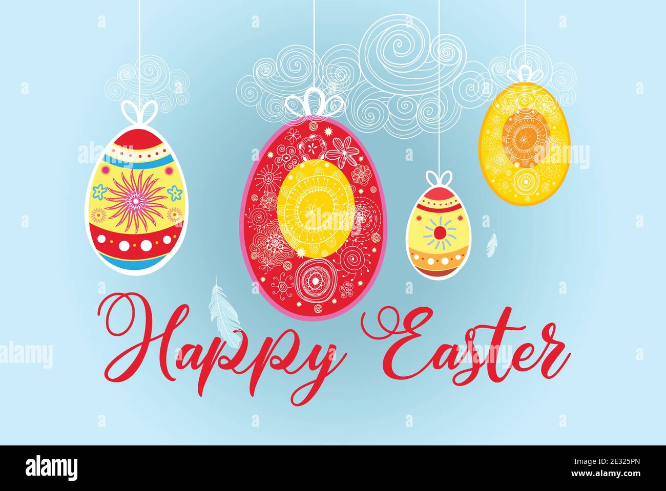 Tarjeta festiva de primavera para Pascua con huevos y abstracciones. Tarjeta de Pascua brillante para un sitio web o banner Ilustración del Vector