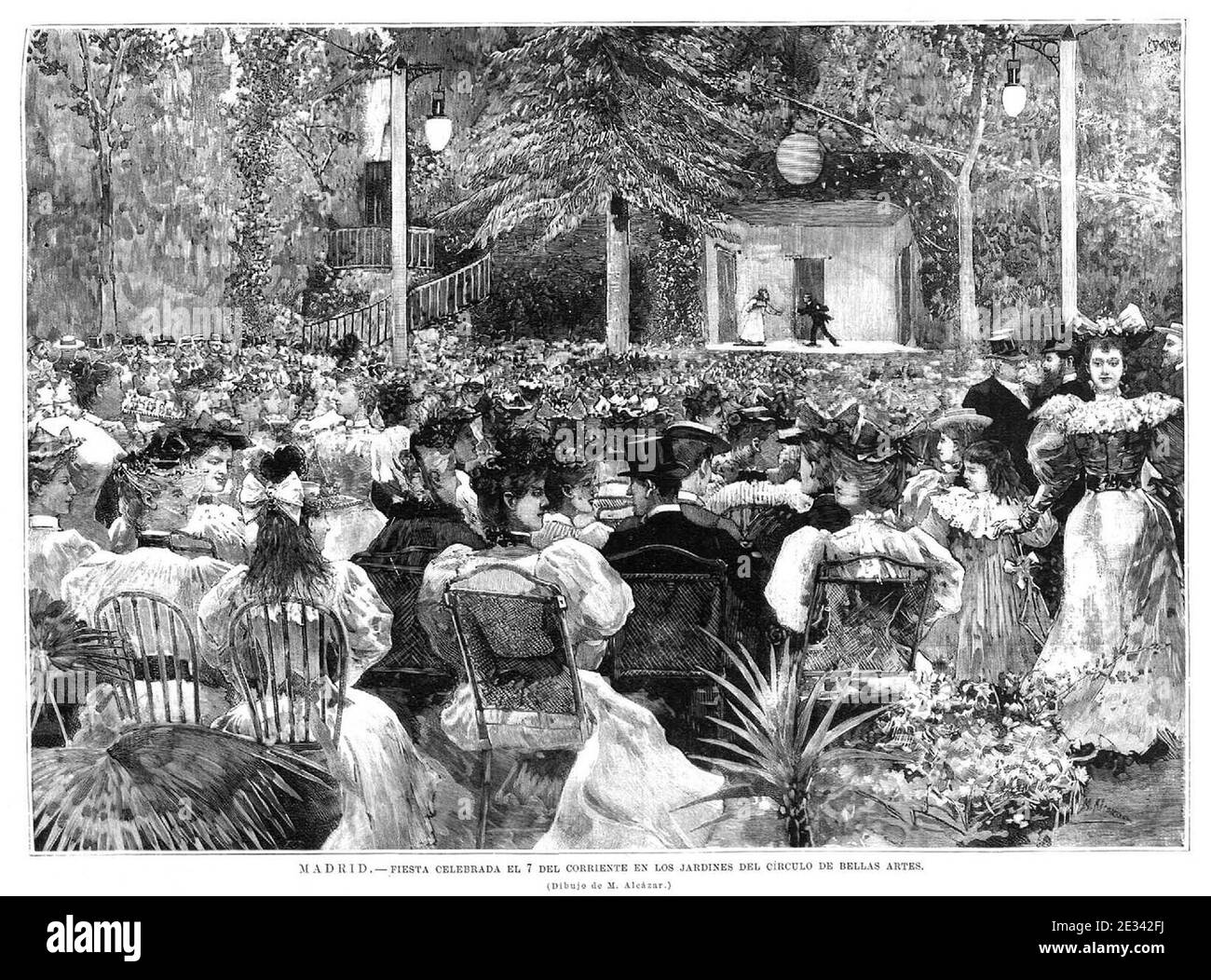 Madrid, fiesta celebrada el 7 de junio de 1895 en los jardines del Círculo de Bellas Artes, de Alcázar. Foto de stock