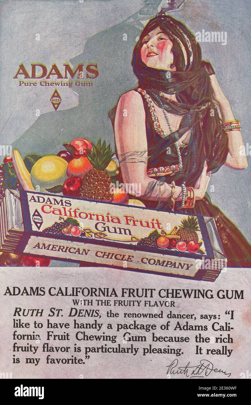 Publicidad para la goma de mascar pura de Adams - la goma de la fruta de  California - la compañía americana del chicle, circa 1919 Fotografía de  stock - Alamy