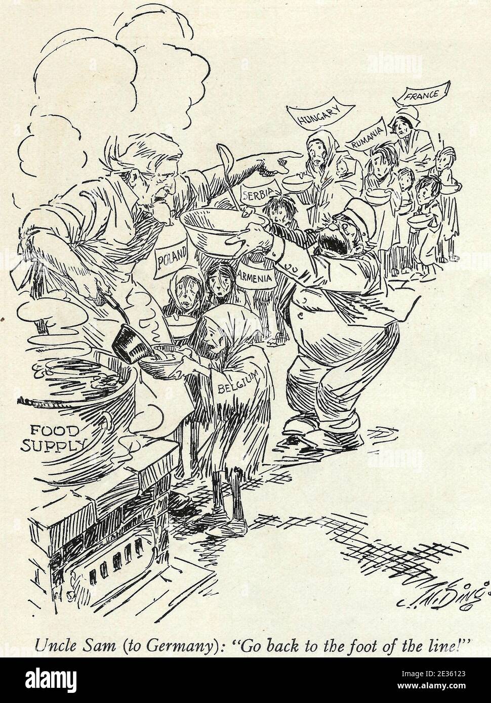 Tío Sam (a Alemania) - vuelve al pie de la línea. Una caricatura política después de la primera Guerra Mundial mostrando a Alemania tratando de saltar la cola para el alivio de alimentos - 1919 Foto de stock