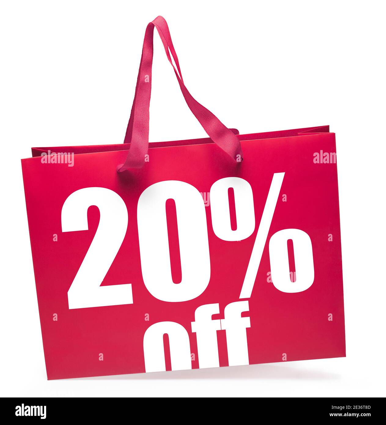 Bolsa de compras roja con un 20% de descuento en el mensaje de venta y hands.Clipping ruta Foto de stock
