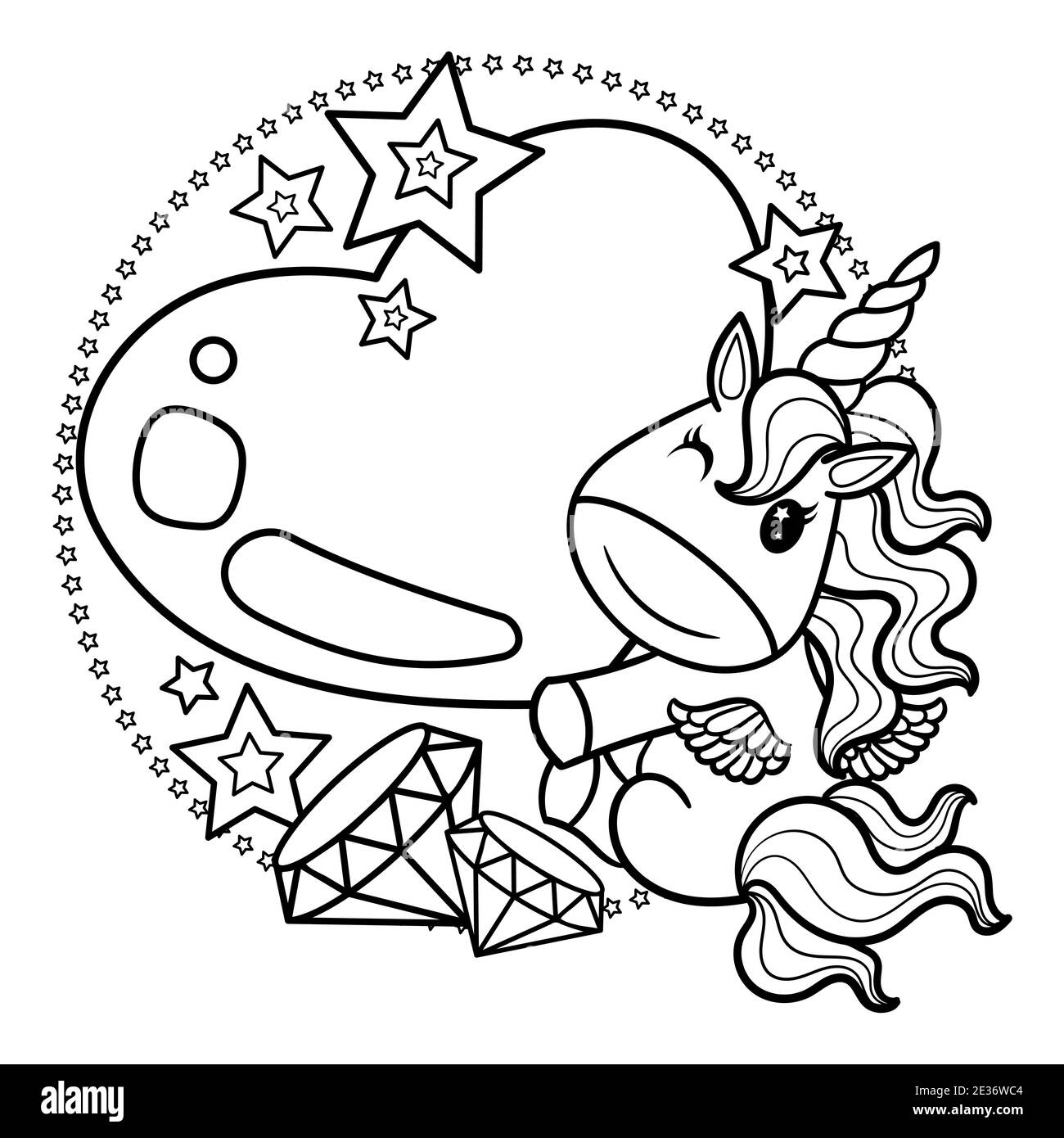Una monicornio de dibujos animados que sostiene un gran corazón.  Ilustración infantil en blanco y negro para colorear. Vector Imagen Vector  de stock - Alamy