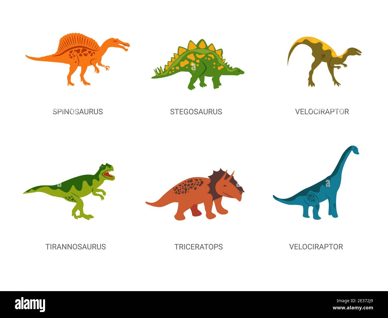 Dinosaurios del período Jurásico. Potente spinosaurus rojo con estegosaurus verde herbívoro. Ilustración del Vector
