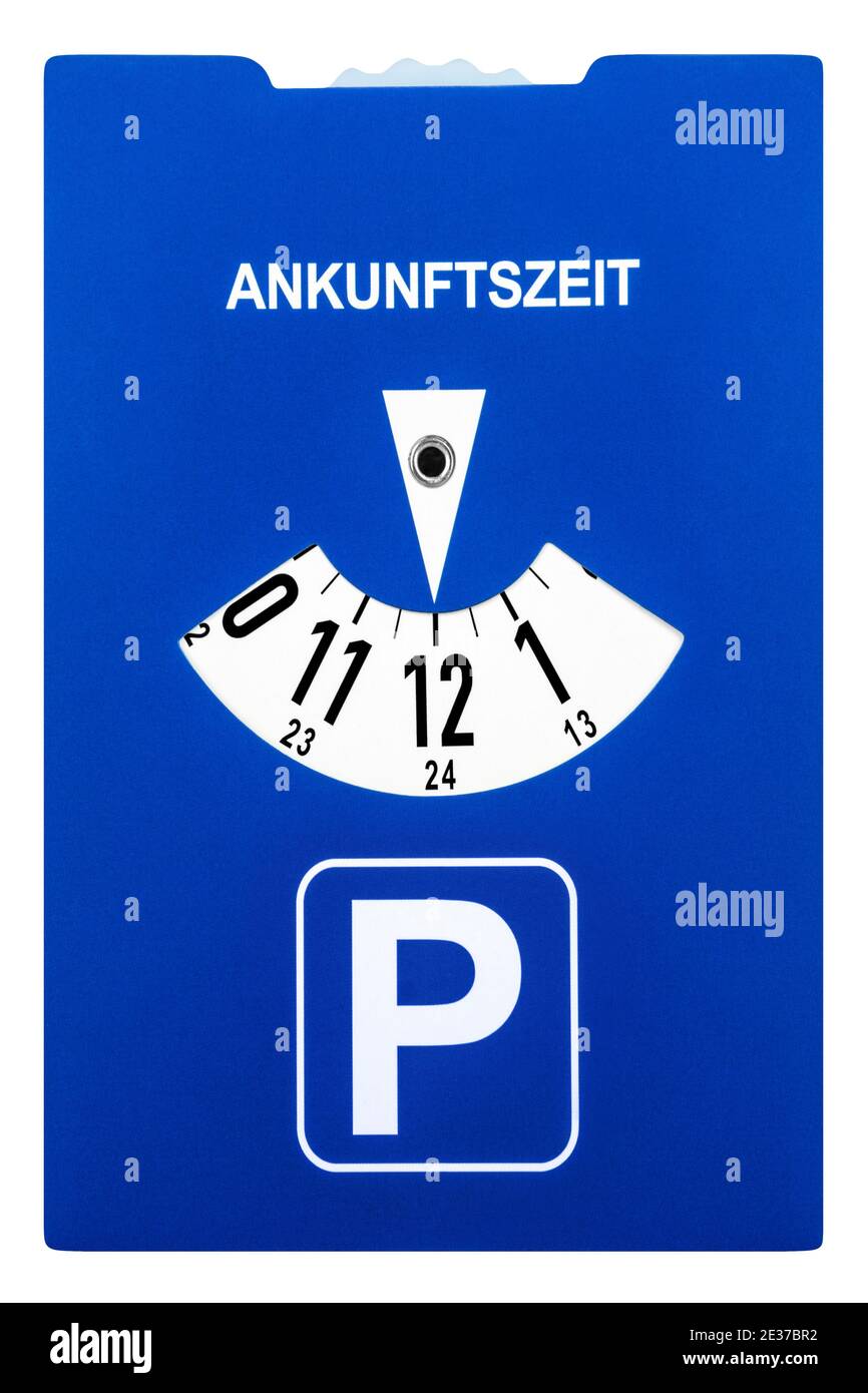 Disco de aparcamiento azul y hora de llegada Fotografía de stock - Alamy