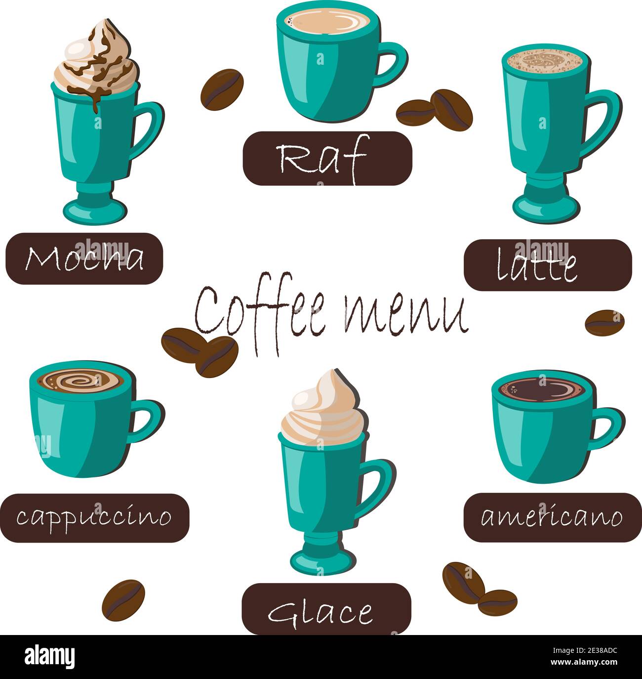 Ilustración vectorial diferentes tipos de café en tazas verdes. Placas  marrones con los nombres de café. Granos de café en el fondo Imagen Vector  de stock - Alamy
