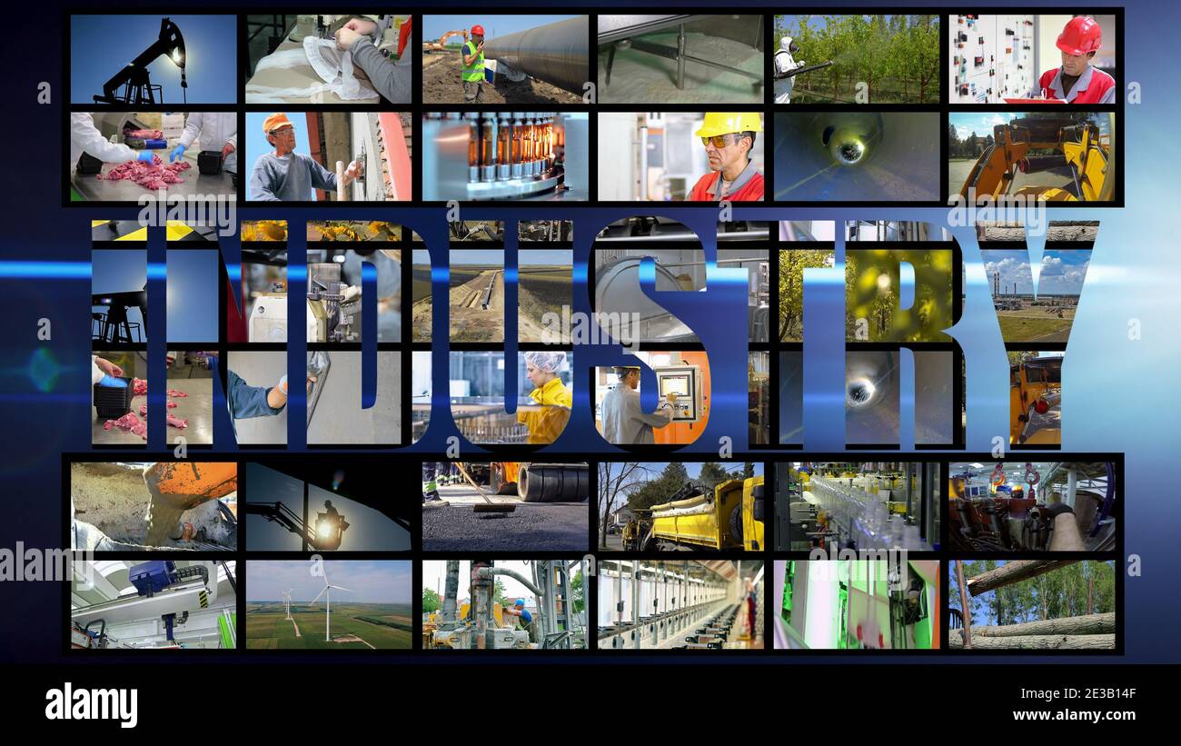 Collage de fotografías que muestran a personas de diferentes profesiones en el trabajo. Ocupaciones profesionales. Muro de vídeo de medios industriales. Foto de stock