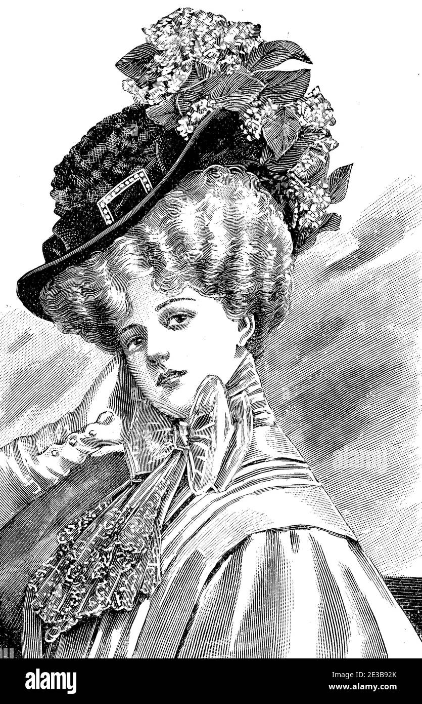 Mujeres sombrero y peluquería moda 1907, sombreros anchos con flores,  Gibson chica peinado con pelos apilados, blusa con lazo y cordones  Fotografía de stock - Alamy