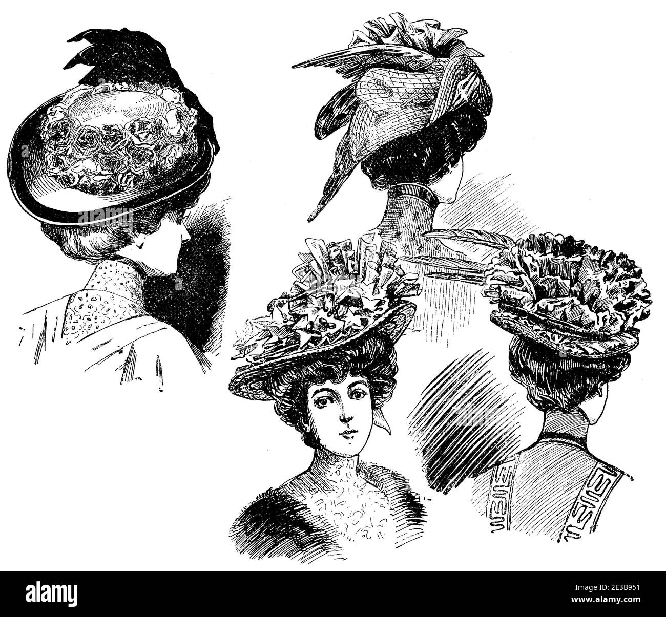 Sombrero de señoras y moda de peluquería 1907, sombreros anchos con plumas, flores y cintas, Gibson niña peinado con pelos apilados, blusa de cuello alto, florituras y cordones Foto de stock