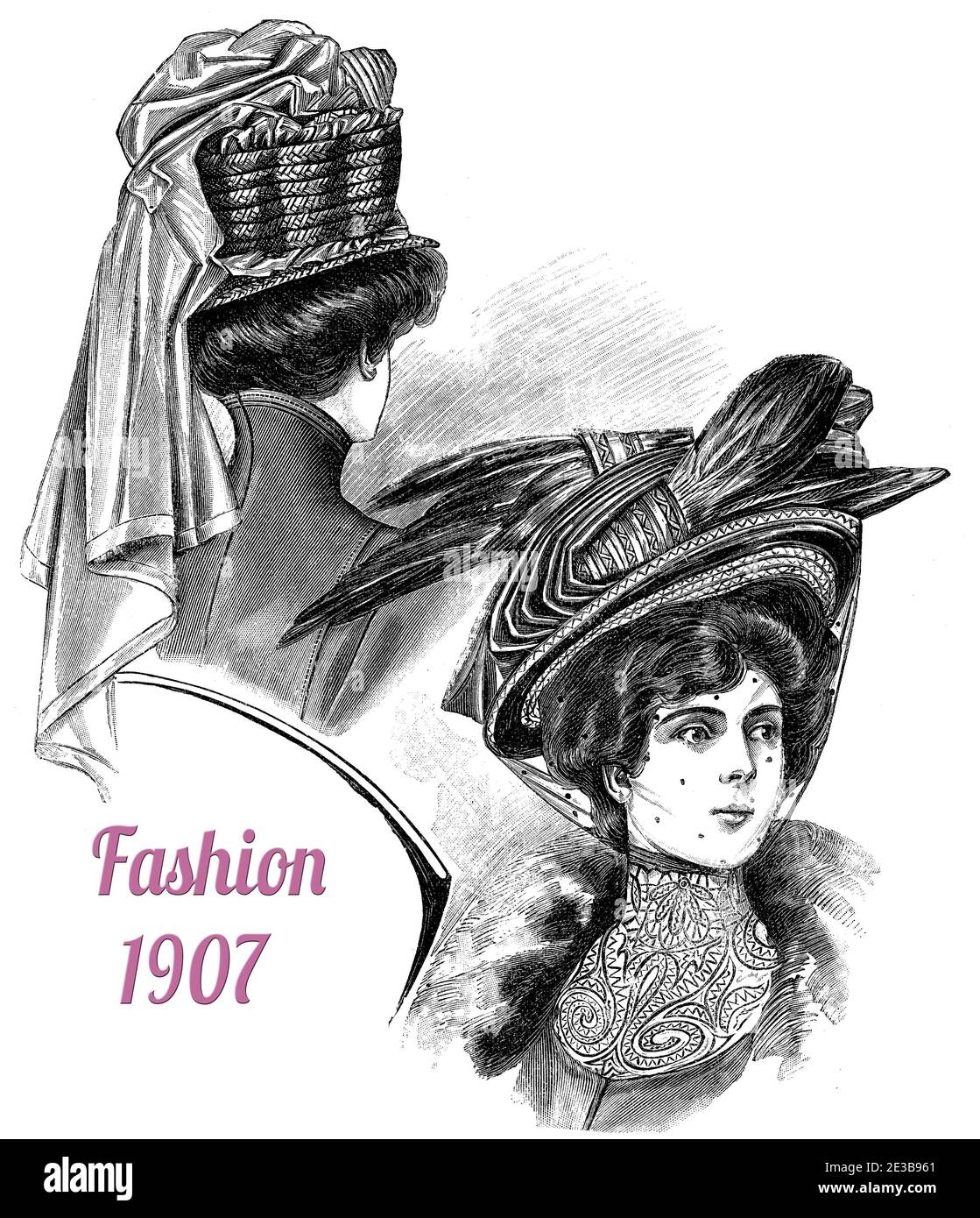 Sombrero de señoras y moda de peluquería 1907, sombreros anchos con plumas y confección de cinta elaborada, Gibson niña peinado con pelos apilados, blusa de cuello alto, cordones y abrigo con cuello de piel Foto de stock