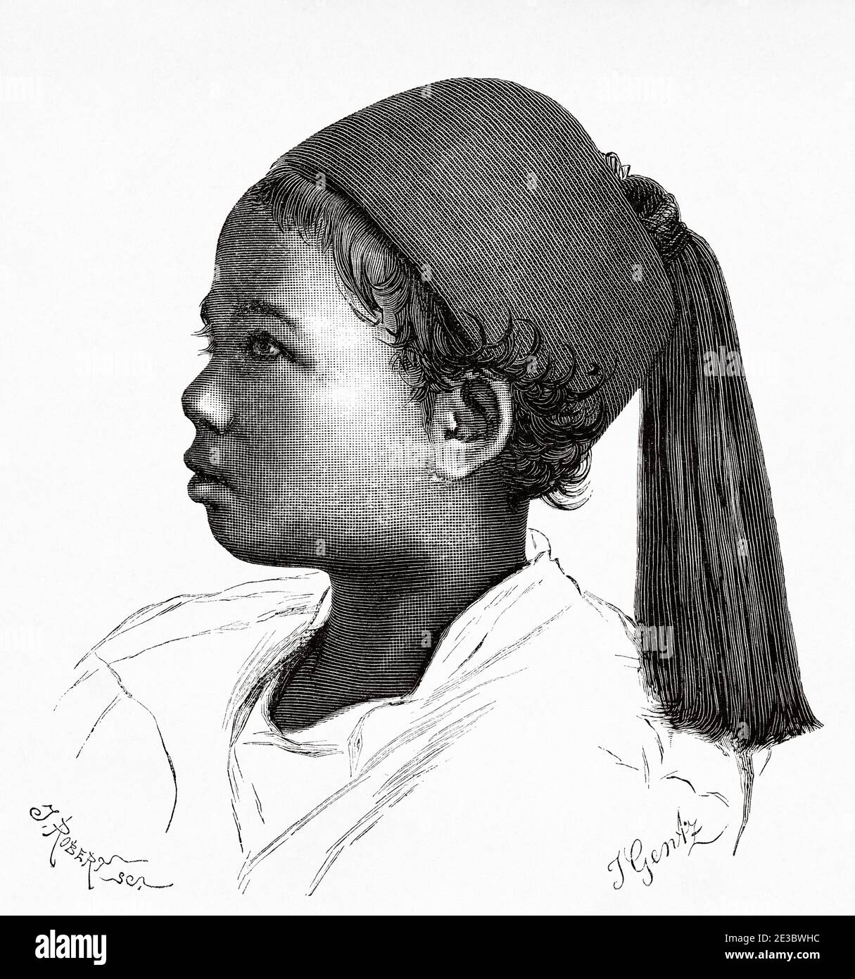 Niño egipcio del siglo XIX con gorra árabe, Antiguo Egipto. Antiguo siglo XIX grabado ilustración, el Mundo ilustrado 1880 Foto de stock