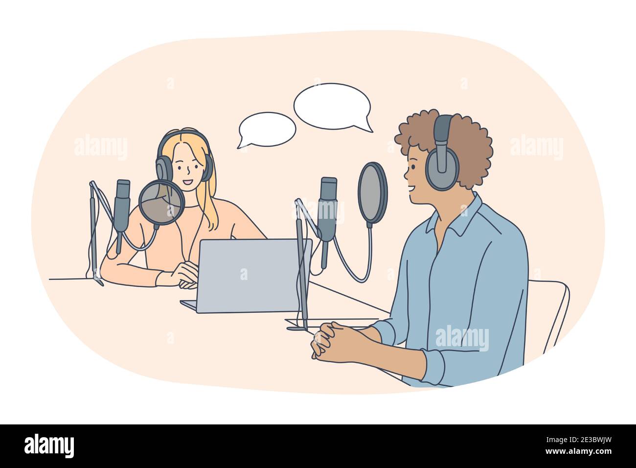 Presentadores del programa de radio matutino, profesiones, concepto de  trabajo. Joven hombre sonriente y mujer periodistas reporteros dibujos  animados personajes en auriculares sentados Imagen Vector de stock - Alamy