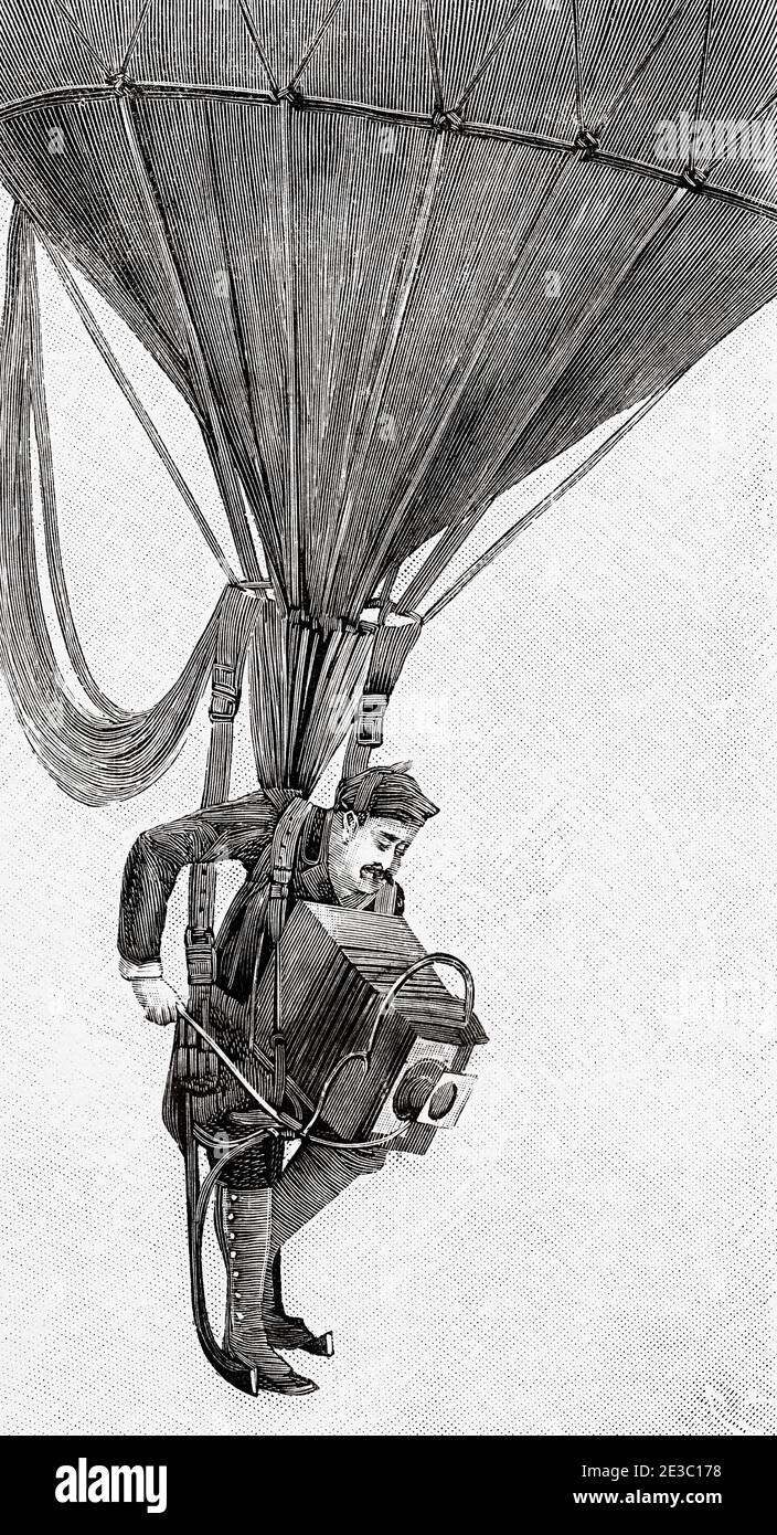 fotografía aérea del siglo xix. Fotógrafo colgando de un globo aerostático con su cámara para tomar fotografías. De la Ilustracion Española y Americana 1895 Foto de stock