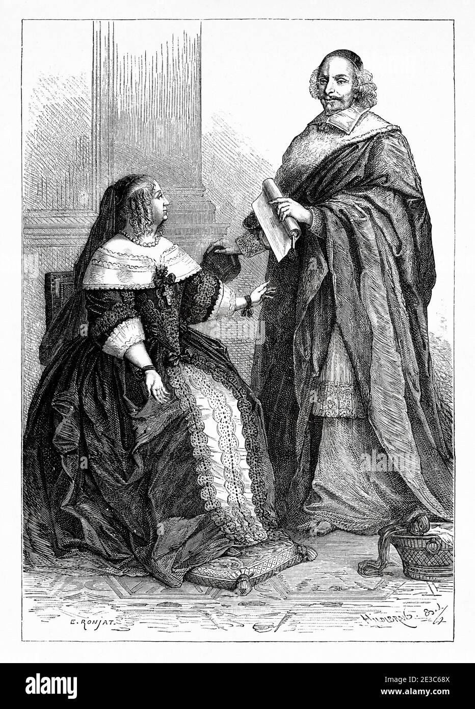 Anne de Austria (1623-1678) y el cardenal Jules Mazarin. Francia. Ilustración del grabado del siglo XIX. Les Français Illustres de Gustave Demoulin 1897 Foto de stock