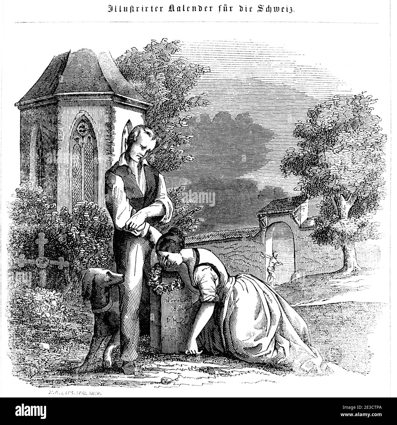Calendario Suizo con una historia sobre un matrimonio rural y motivos coreesponding, St. Gallen Suiza 1853 Foto de stock