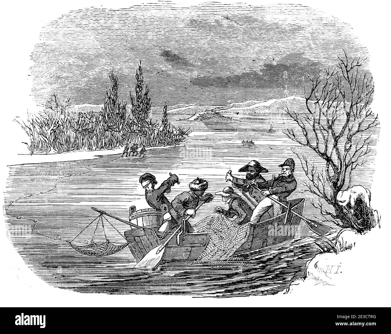 Calendario Suizo con una historia sobre pescadores y mujeres en el Lago Constanza y coreesponding Motives, St. Gallen Suiza 1853 Foto de stock
