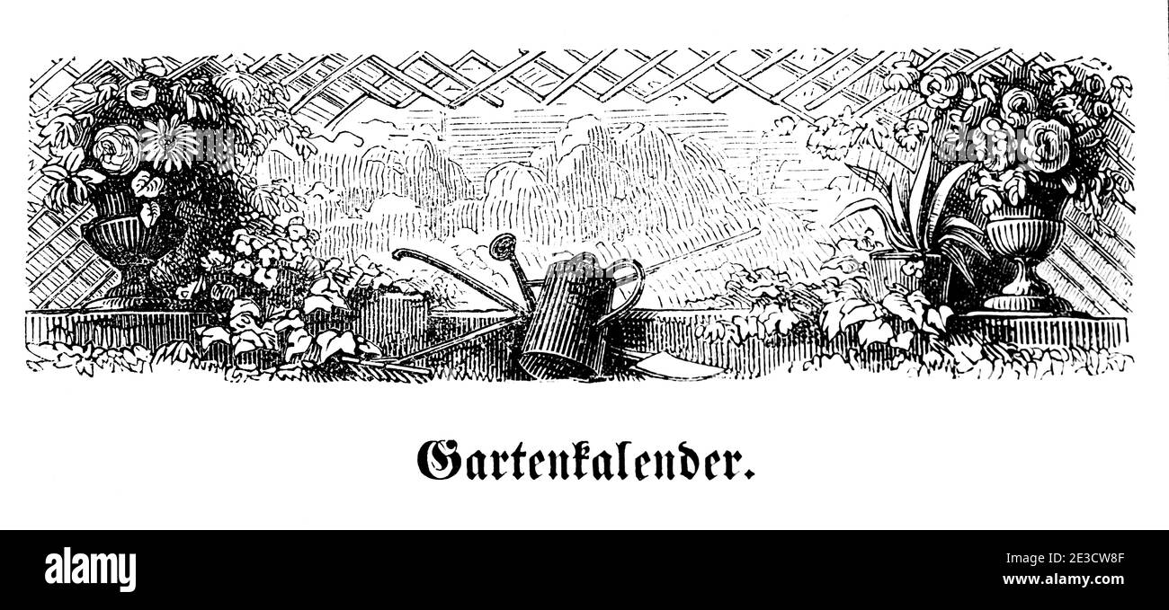 Calendario Jardín Suizo relativo a fechas y pistas de diferentes temas para jardineros, con los motivos correspondientes, San Gallo Suiza 1853 Foto de stock