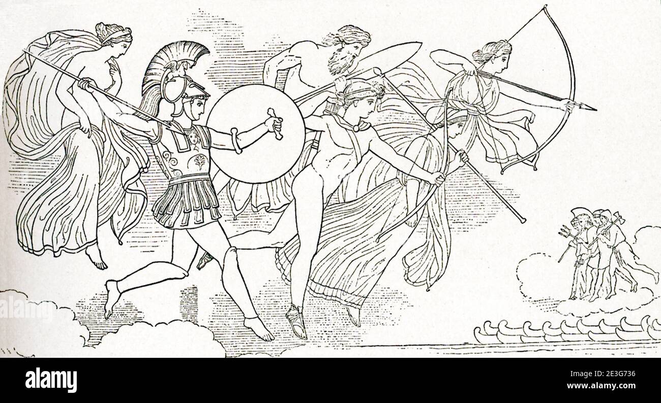 Esta escena es uno de varios diseños que el escultor y dibujante inglés John Flaxman (1755–1826) hizo para ilustrar pasajes de la Ilíada y Odisea del poeta épico griego Homer, una comisión que le había dado Georgiana Hare-Naylor mientras vivía en Roma. Representa a los dioses que descienden a la batalla. Se hizo 1793. Foto de stock