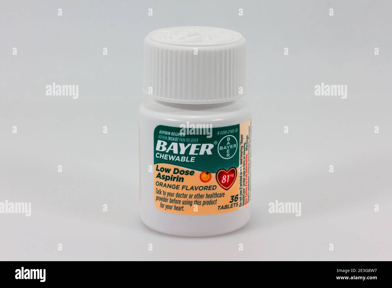 Bayer Chewable bajo dosis Aspirin envase y logotipo de Marca comercial