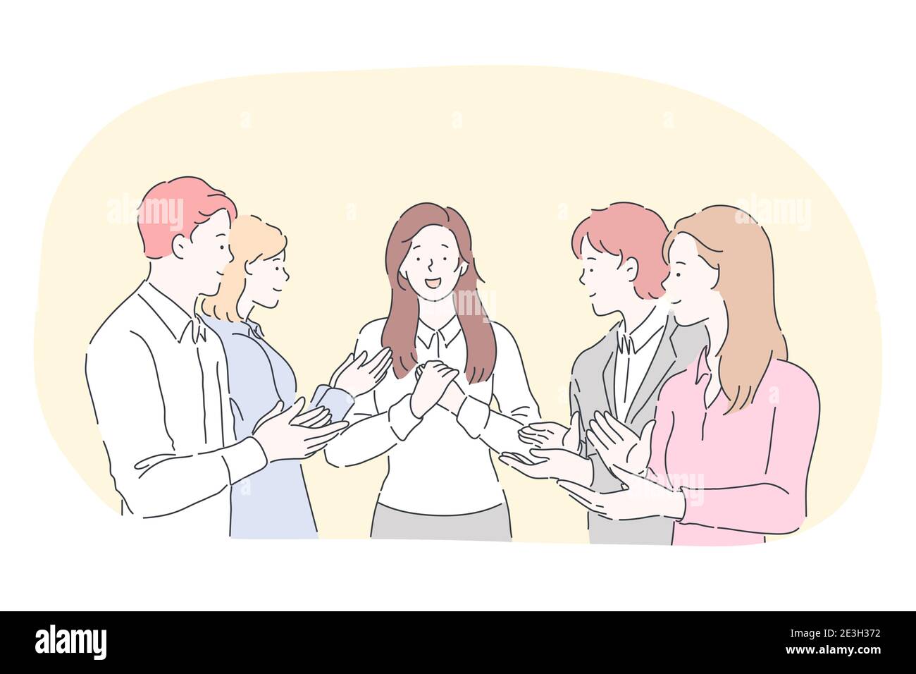 Aplaudiendo, apoyando, felicitando concepto. Jóvenes trabajadores de negocios positivos dibujos animados personajes de pie y aplaudiendo con las manos a su par Imagen Vector de stock - Alamy Aplaudiendo, apoyando, felicitando concepto. Jóvenes trabajadores de negocios positivos dibujos animados personajes de pie y aplaudiendo con las manos a su par Imagen Vector de stock - Alamy