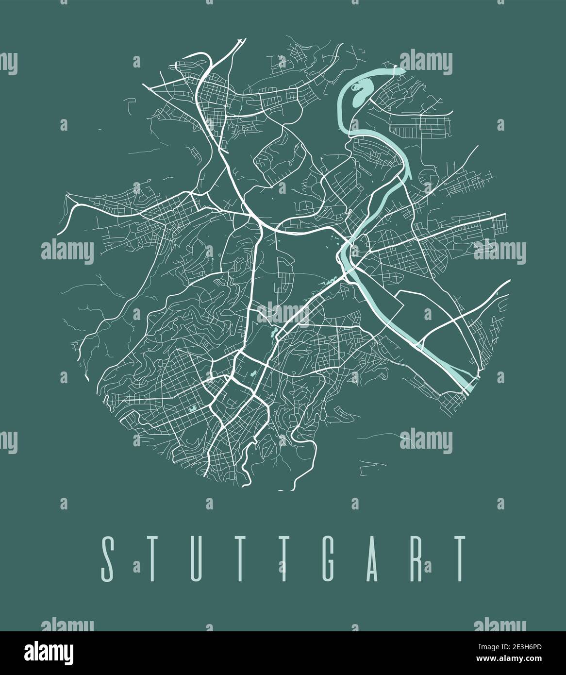 Cartel del mapa de Stuttgart. Mapa decorativo de la ciudad de Stuttgart. Paisaje urbano aria panorama silueta vista aérea, estilo tipográfico. Tierra, río, a. Ilustración del Vector
