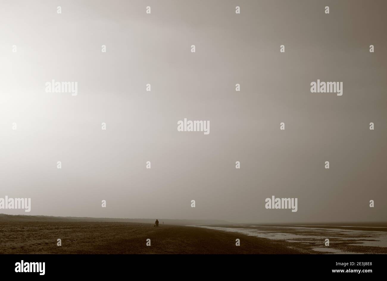 Una figura solitaria en una playa brumosa en invierno. Foto de stock