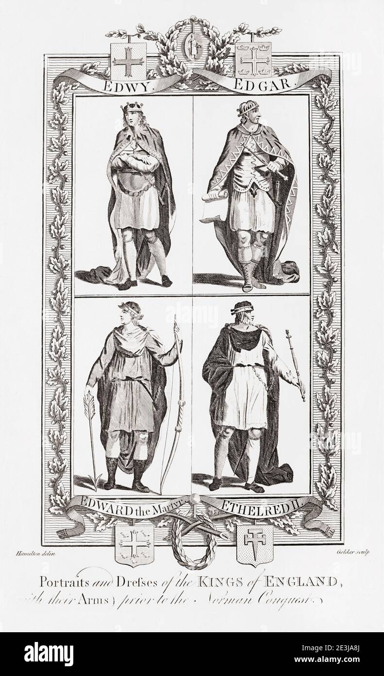 Cuatro primeros reyes ingleses. Edwy, Edgar, Edward el mártir, Ethelred II Grabado de la Nueva, imparcial y completa Historia de Inglaterra por Edward Barnard, publicado en Londres 1783. Foto de stock