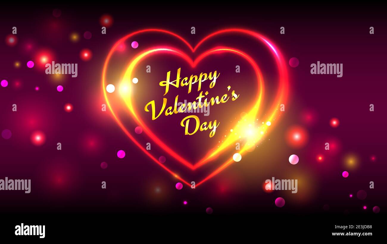 Tarjetas de felicitación vector día feliz de San Valentín, rojo brillante corazón dorado forma sobre fondo de color magenta oscuro bokeh Ilustración del Vector