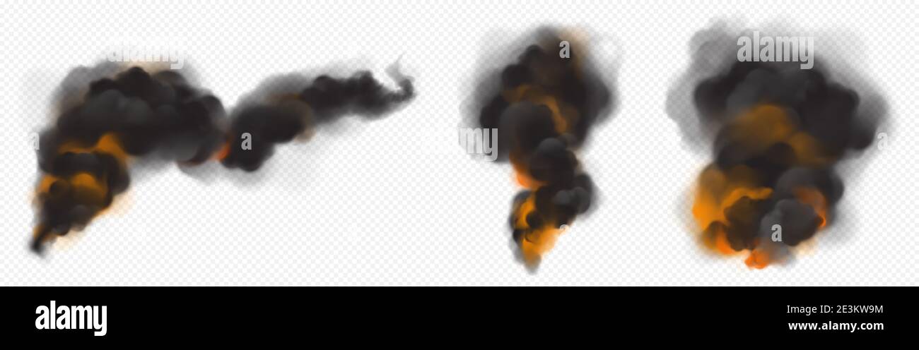 Nubes de humo negro con retroiluminación naranja del fuego. Vector conjunto realista de flujos de niebla caliente oscura, humo de llama ardiente, niebla ardiente aislada sobre fondo transparente Ilustración del Vector