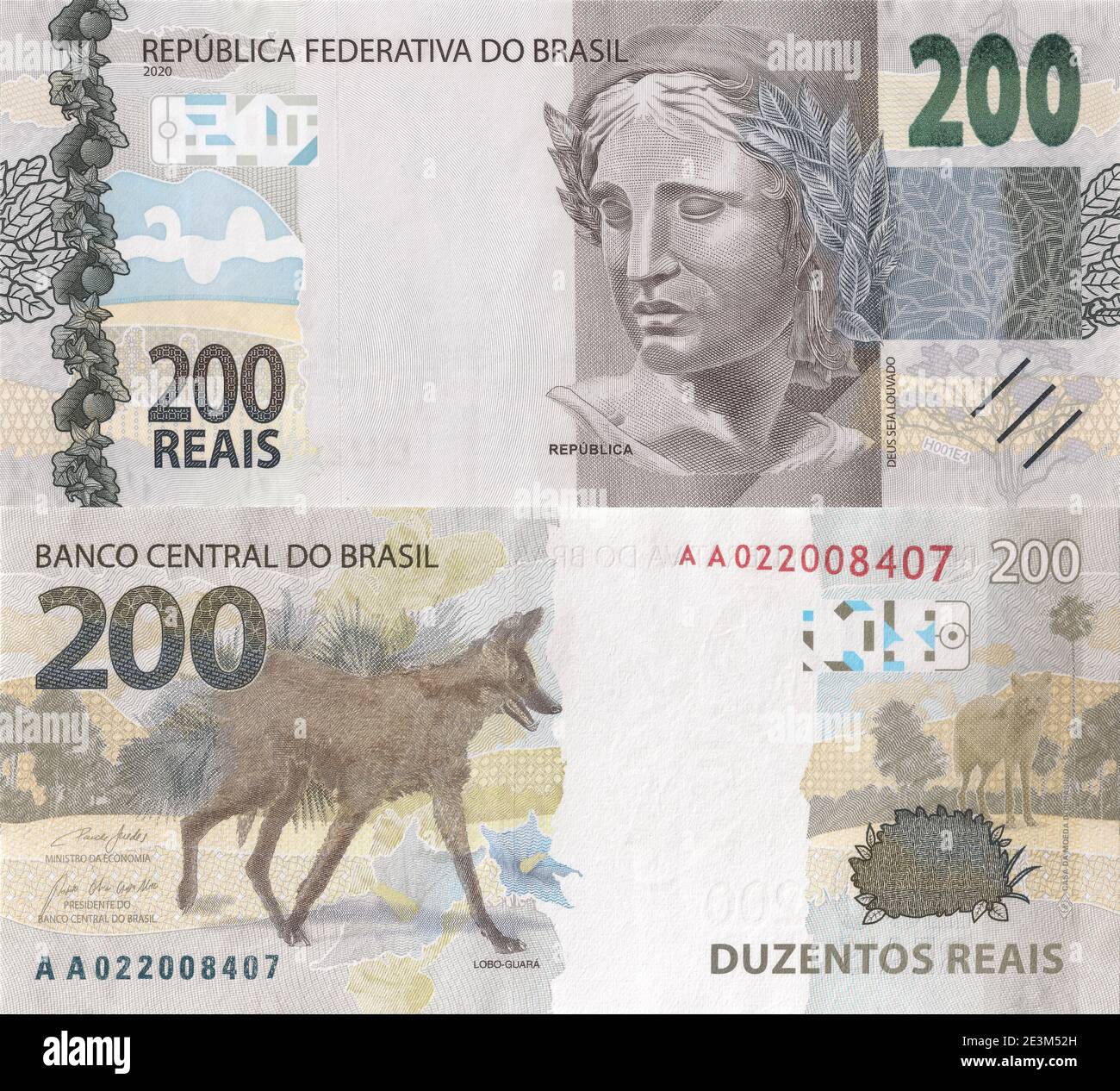 Billete de doscientos reales. Nota de alta resolución y detallada sobre la moneda brasileña para su uso como textura. Foto de stock