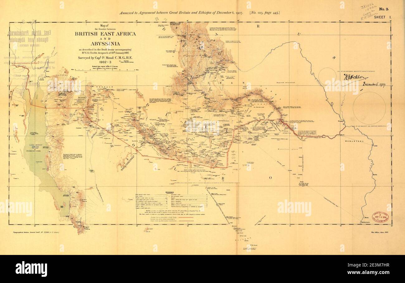 Mapa de la frontera entre África Oriental Británica y Abisinia en 1902-3. Foto de stock