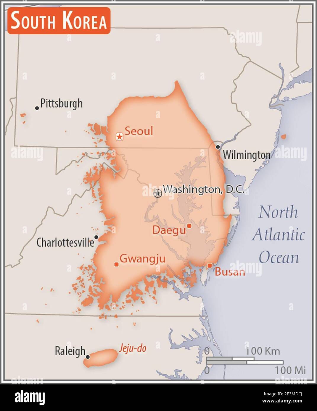 Mapa de Corea del Sur superpuesto en la parte superior del área metropolitana de Washington, D.C. Foto de stock