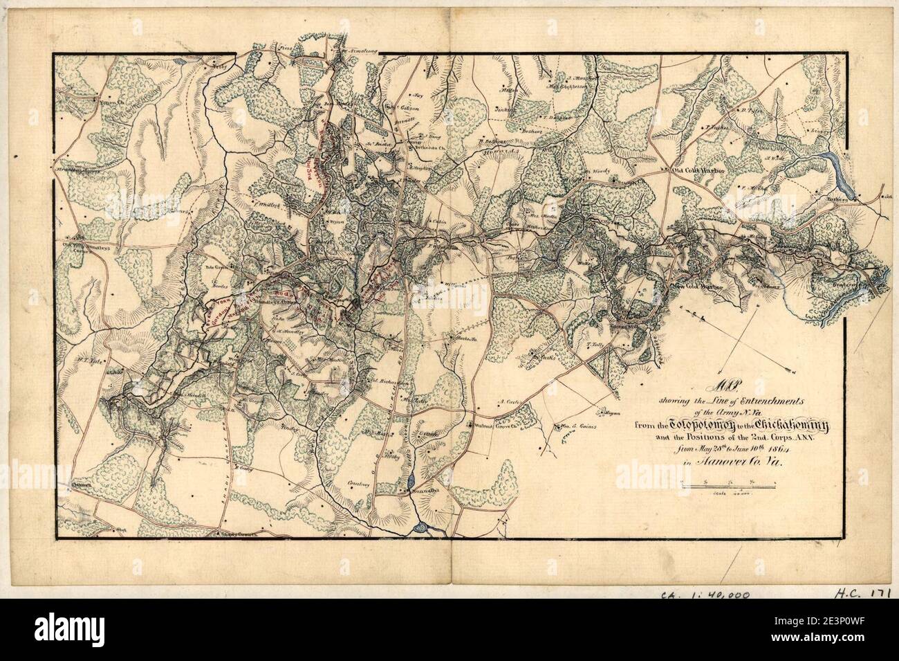 Mapa que muestra la línea de entrenchments del Ejército N. va. De Totopopotopomoy al Chickahominy y las posiciones del 2do cuerpo, A.N.V. del 28 de mayo al 10 de junio de 1864 en Hanover Co., va Foto de stock