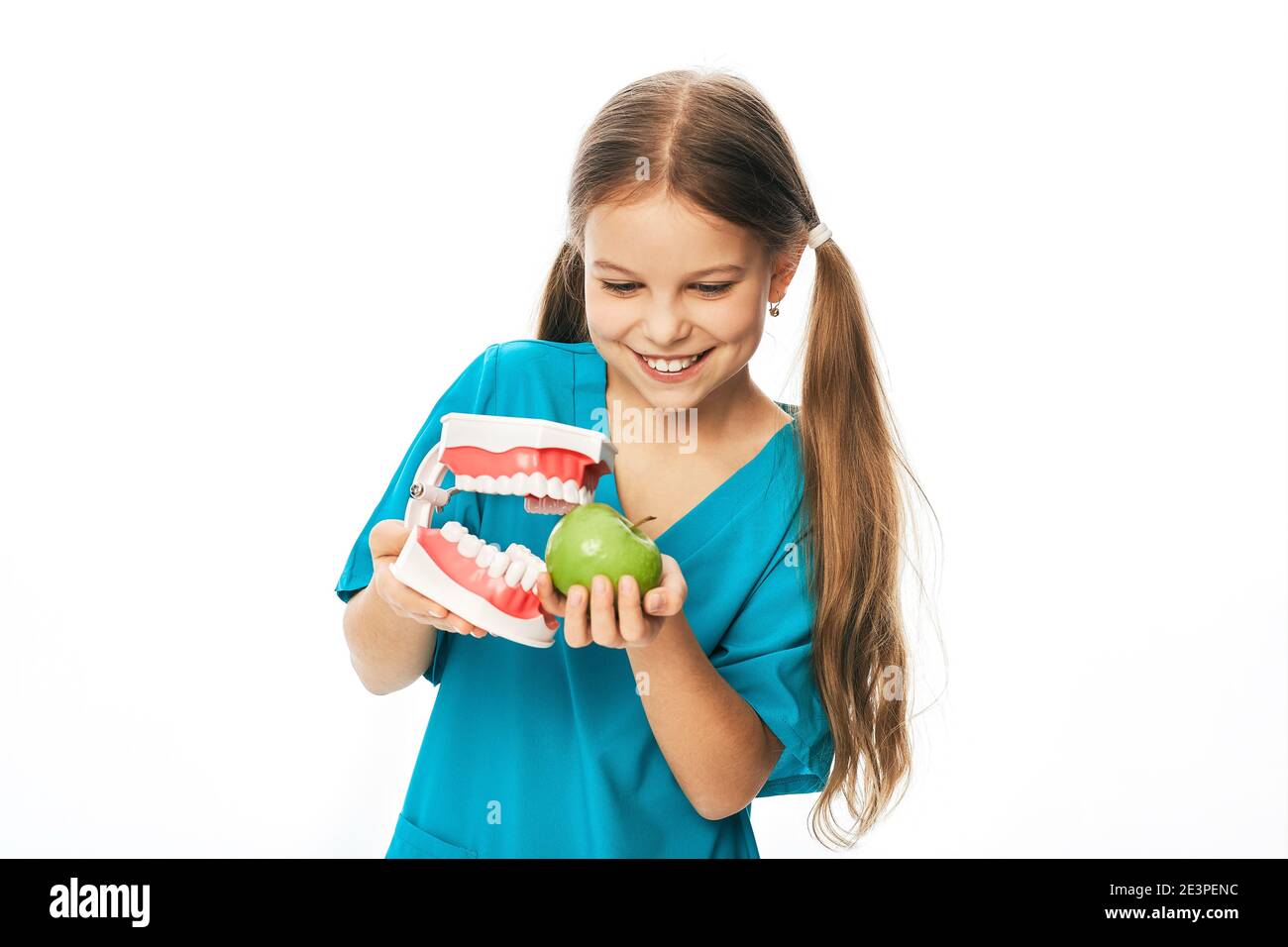 Niño con una sonrisa de tonto, sosteniendo un modelo anatómico de mandíbula y manzana en sus manos. Concepto del efecto de los alimentos en los dientes de los niños Foto de stock