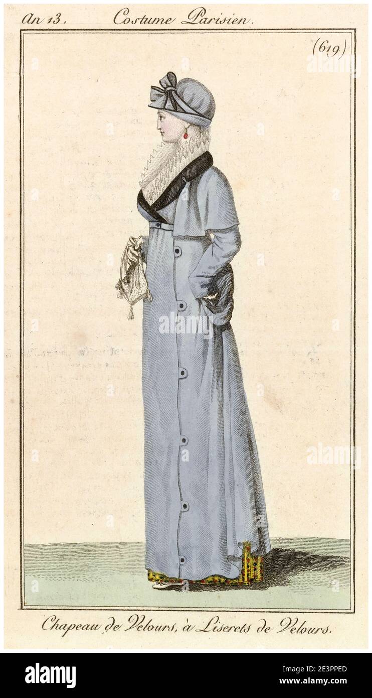 Damas y Moda Diario: Traje parisino: Sombrero de terciopelo con ribete de terciopelo, estampado por Horace Vernet, 1805 Foto de stock