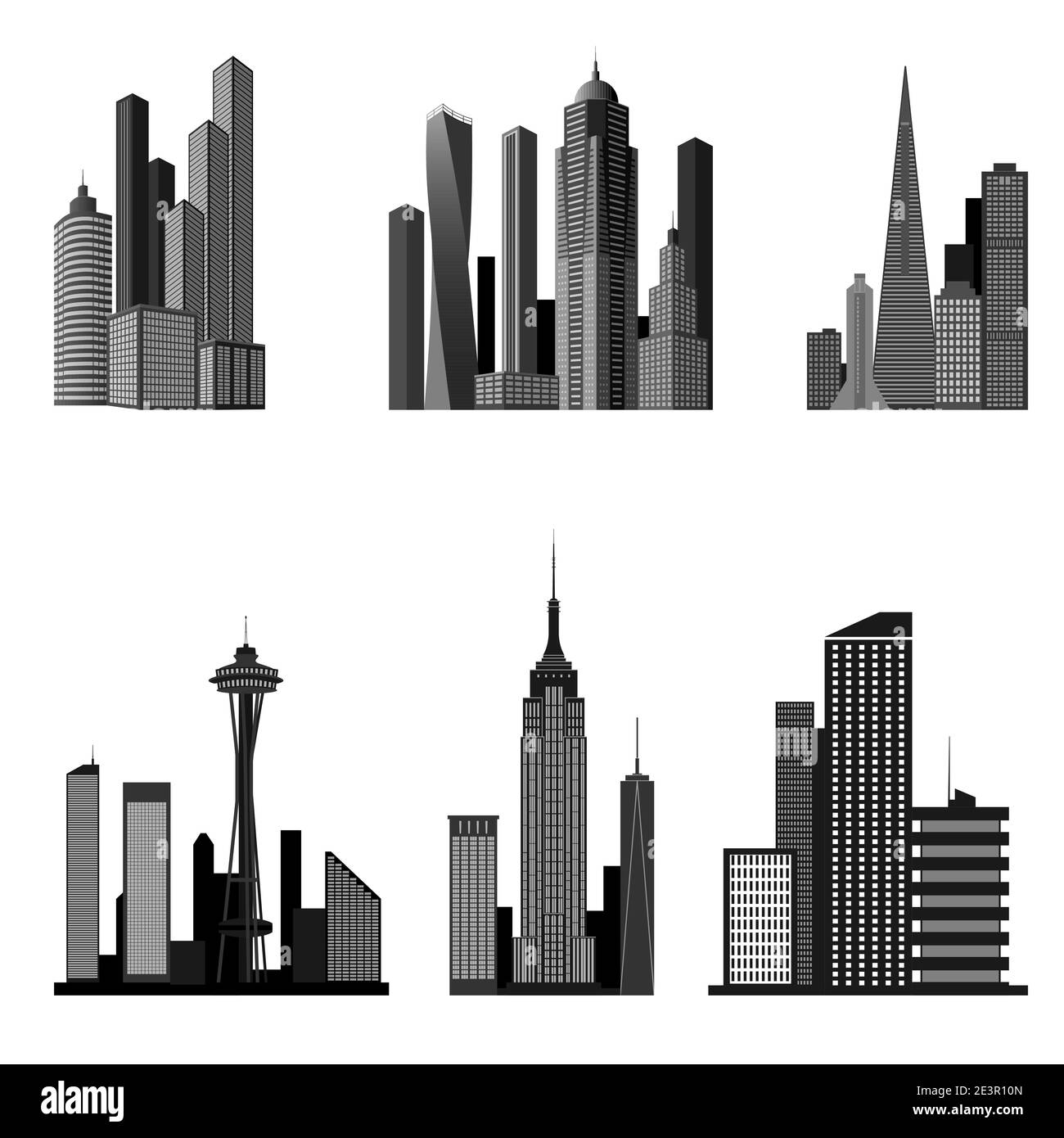 Conjunto de iconos para edificios y rascacielos. Señales aisladas de edificios altos. El edificio Empire State, la aguja Espacial, la Pirámide del Transam Ilustración del Vector