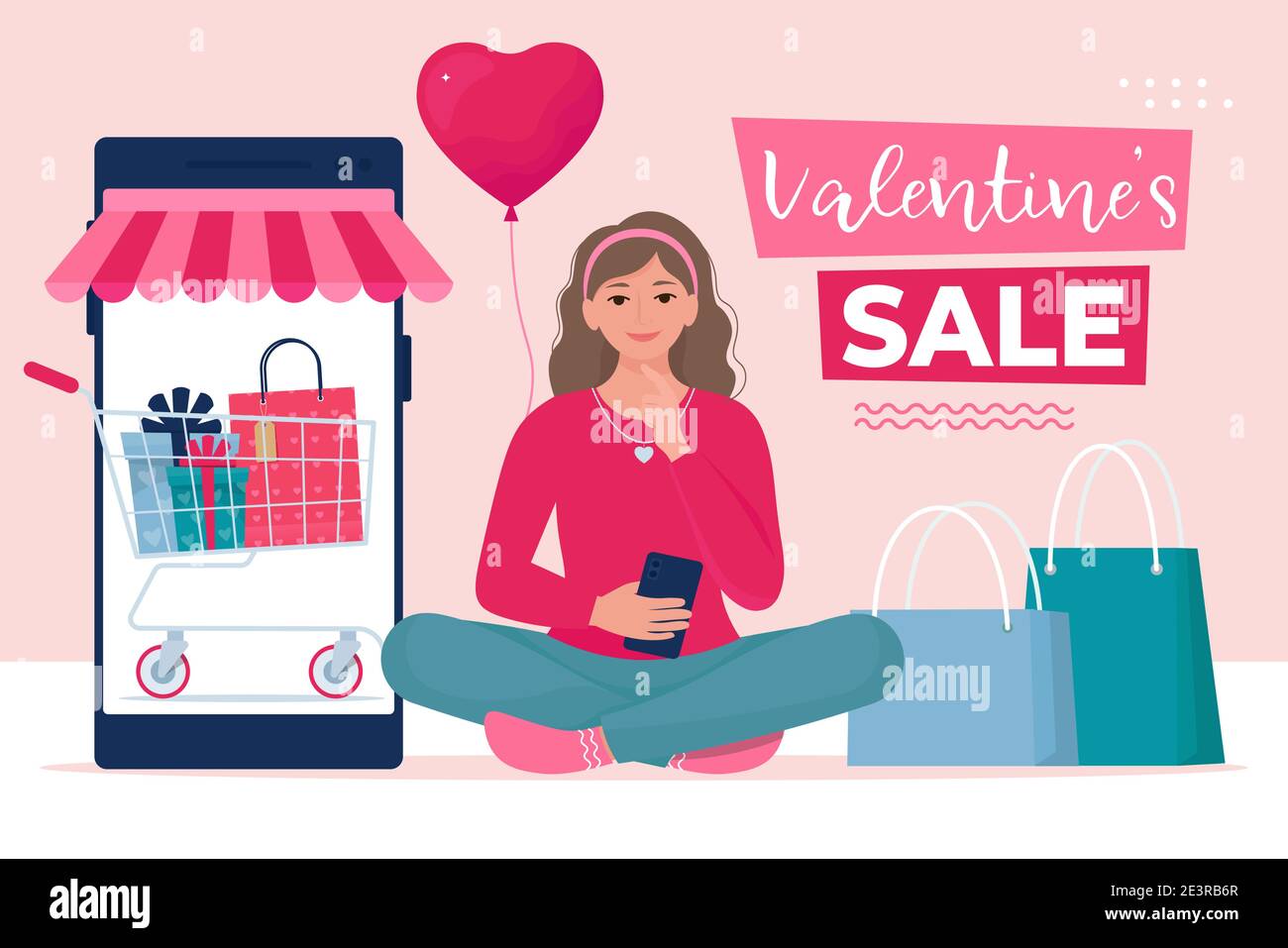 Chica está haciendo compras a través de smartphone. Valentine's Sale, concepto de compras en línea. Almacenar. Ilustración vectorial en estilo plano Ilustración del Vector