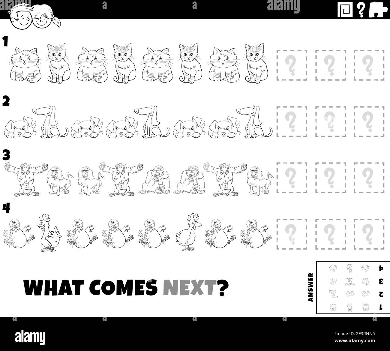 Dibujo de dibujos animados en blanco y negro de completar el patrón  educativo juego para niños con personajes animales divertidos colorear la  página del libro Imagen Vector de stock - Alamy