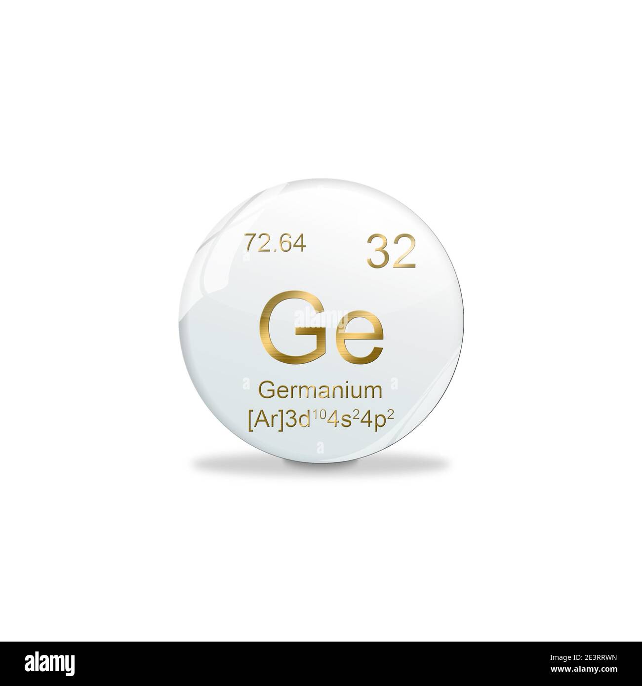 3D-Ilustración, símbolo de germanio - GE. Elemento de la tabla periódica sobre bola blanca con signos de oro. Fondo blanco Foto de stock