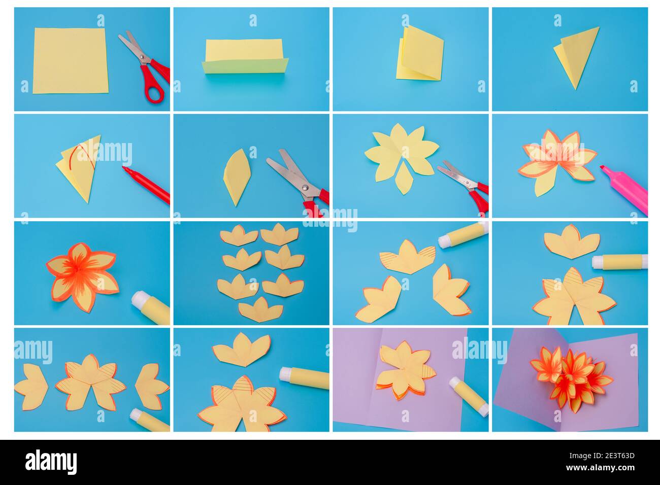 cómo hacer tarjeta de vacaciones con flores de papel, bricolaje, artesanía simple  para niños, tutorial, instrucciones paso a paso Fotografía de stock - Alamy