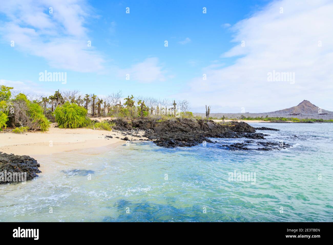 Playa de arena y costa con rocas volcánicas oscuras típicas en Dragon