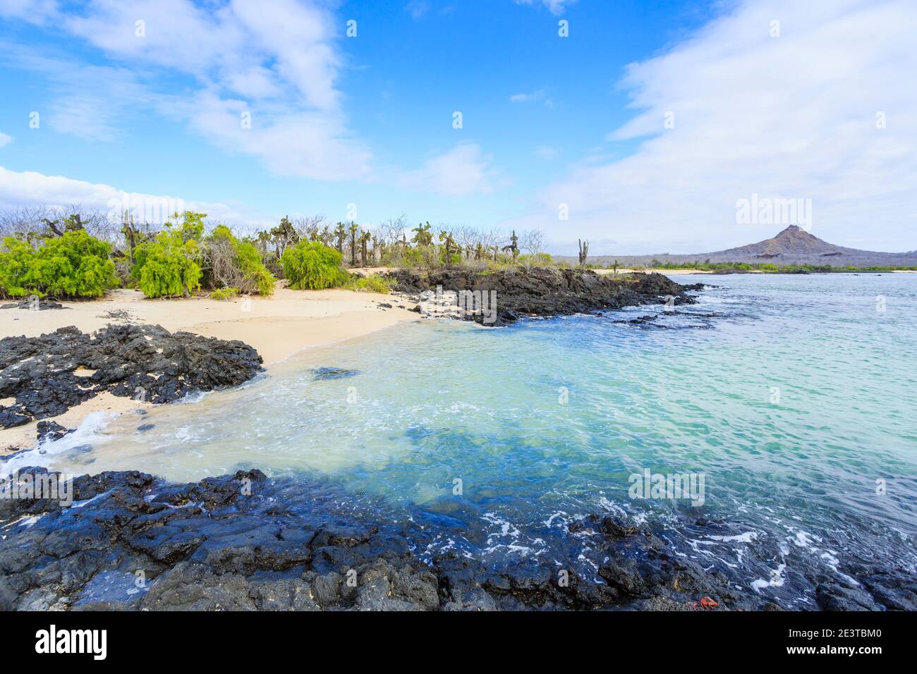 Playa de arena y costa con rocas volcánicas oscuras típicas en Dragon Hill,  Isla Santa Cruz, Islas Galápagos, Ecuador, Sudamérica Fotografía de stock -  Alamy