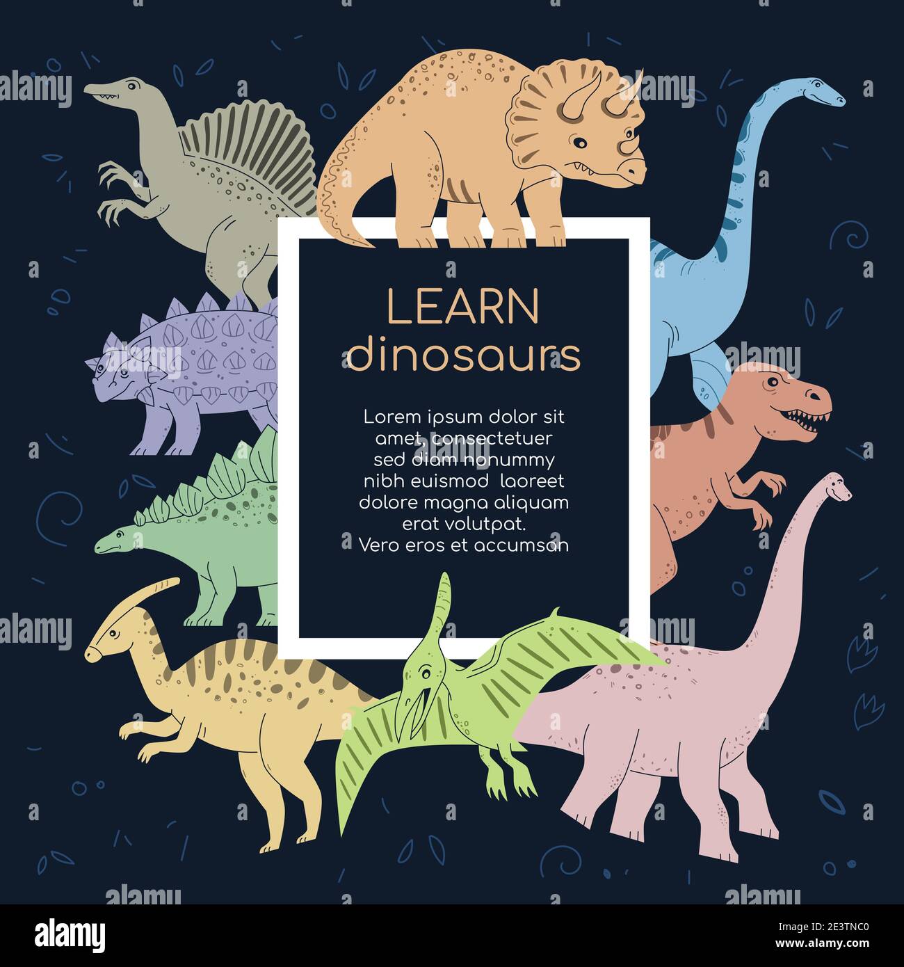 Aprenda Dinosaurios - cartel de diseño plano colorido con espacio de copia  para texto. Idea de tiempos prehistóricos. Ilustración con triceratops,  elasmosaurus, spi Imagen Vector de stock - Alamy