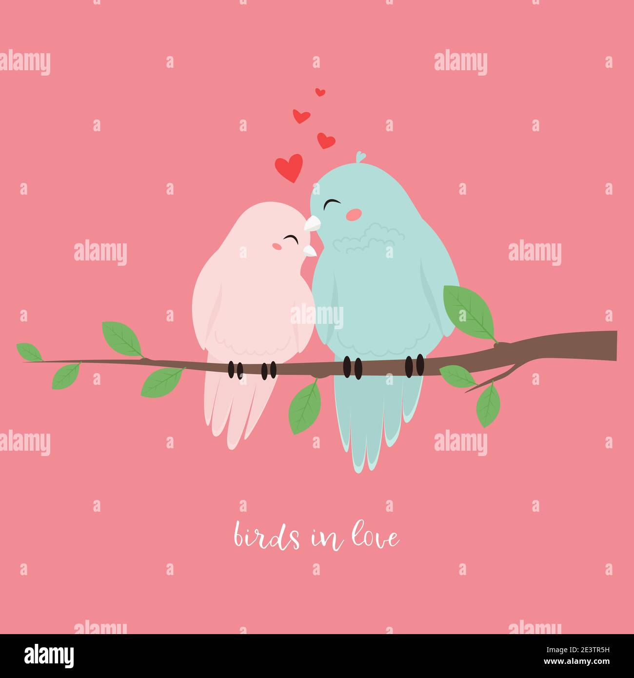 Pareja de pájaros enamorados, sentados en una rama. Lindo vector ilustración en dibujos animados de estilo plano, plantilla para día de San Valentín tarjeta de felicitación o cartel Ilustración del Vector