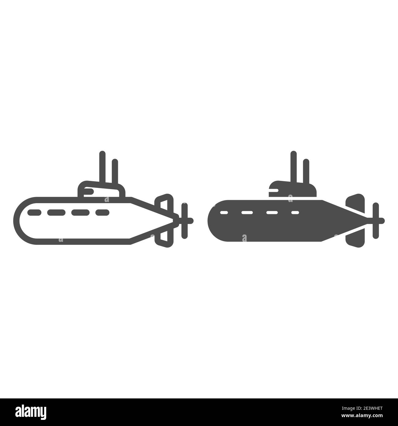 Línea submarina e icono sólido, concepto náutico, submarino signo de barco sobre fondo blanco, Submarino con icono periscopio en estilo contorno para móviles Ilustración del Vector