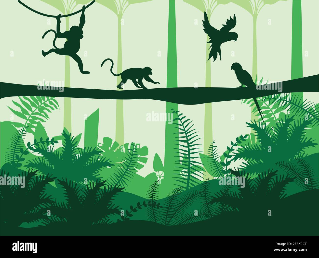 selva naturaleza salvaje verde paisaje de color verde con monos y loros diseño de ilustración vectorial de escena Ilustración del Vector