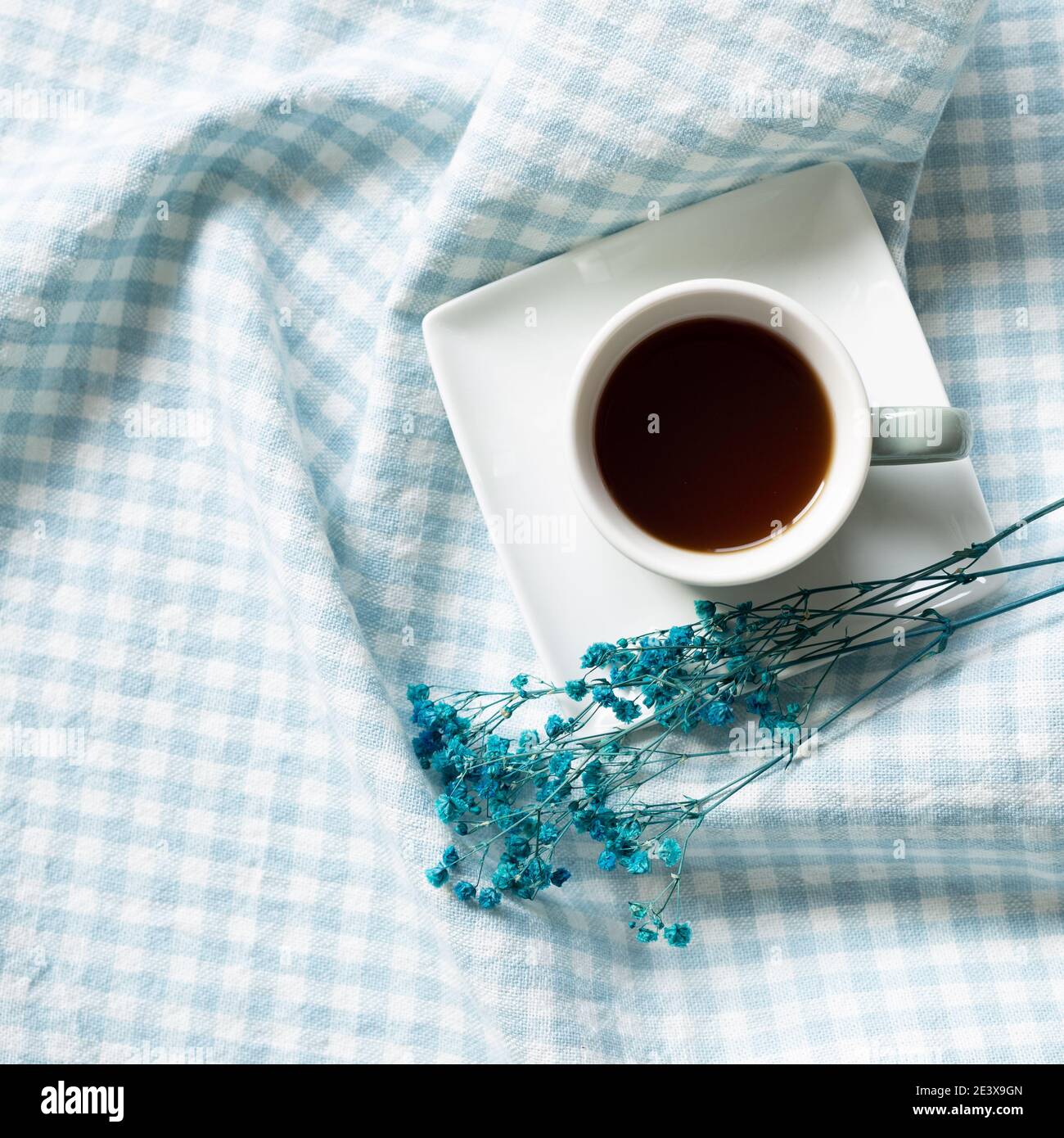 Taza de café con flores secas sobre fondo de tela azul patrón de cuadros. Vista superior, espacio de copia Foto de stock