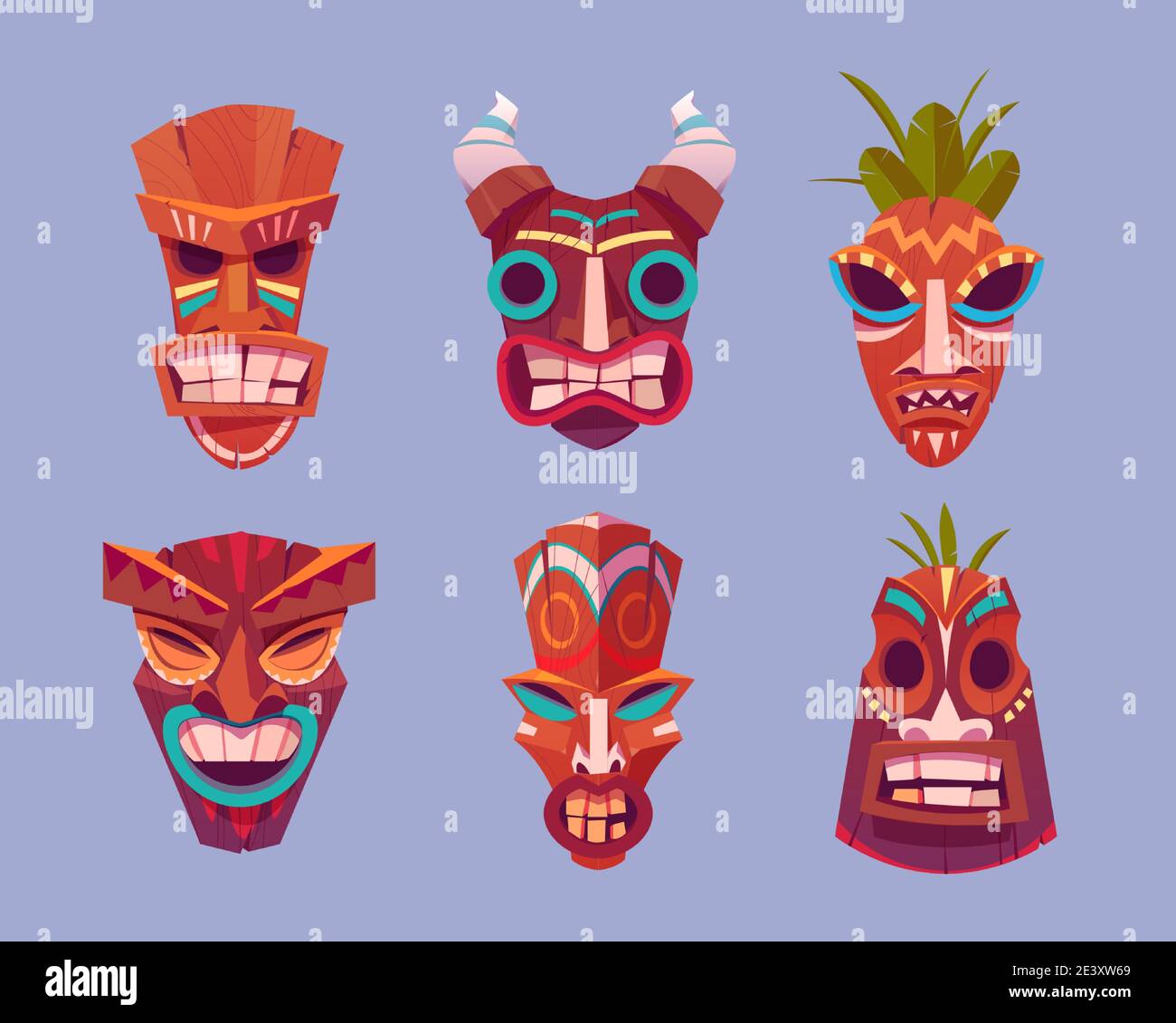 Máscaras Tiki, tótem tribal hawaiano, dios de madera se enfrenta con  cuernos y hojas. Juego de dibujos animados vectoriales de estatuas  tradicionales polinesias, antiguas máscaras tikki de madera aisladas sobre  fondo púrpura