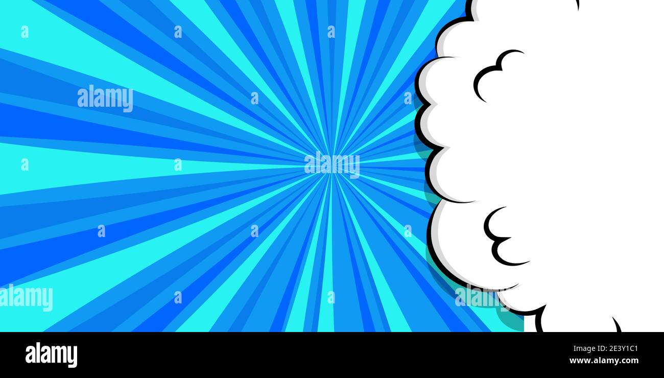 Cómic libro de dibujos animados discurso burbuja de texto. Dibujo animado puff fondo azul nube para plantilla de texto. Pop arte diálogo conversación divertido humo vapor. Cómics Ilustración del Vector