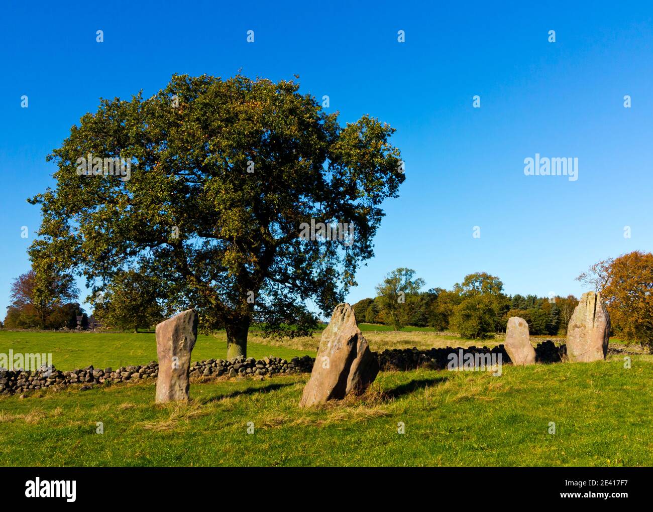Nueve Piedras Cerreras o Señoras grises una piedra de la Edad de Bronce Circule cerca de Harthill Moor y Birchover en el Distrito de los Picos Parque Nacional de Derbyshire Inglaterra Reino Unido Foto de stock